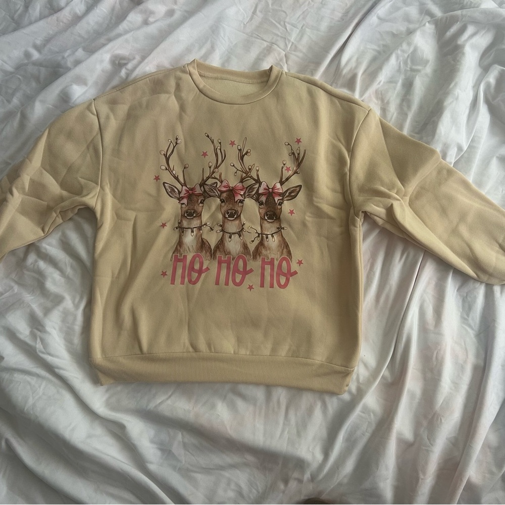 Cream with pink accents Ho Ho Ho Reindeer Graphic Sweatshirt (from SHEIN)